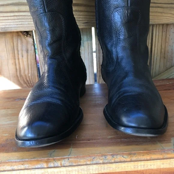 Zara Tall Black Textured Leather Low Heel Back Buckle Side Zip Riding Boots 9